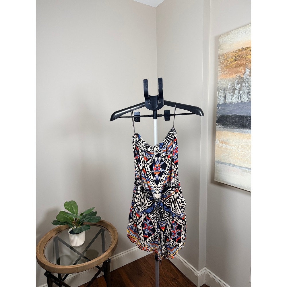 Angie Tribal Geometric Print Strapless Romper Black Blue Orange Rayon Medium